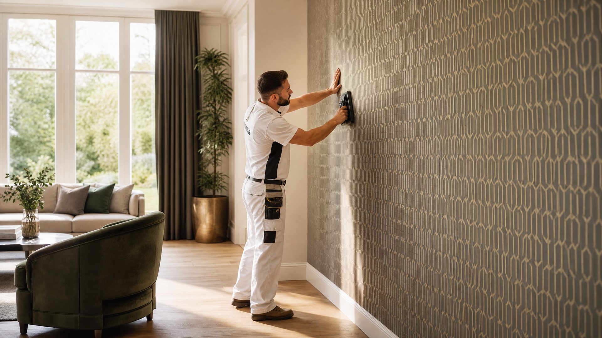 Professional installer applying premium wallpaper in a modern upscale living room
