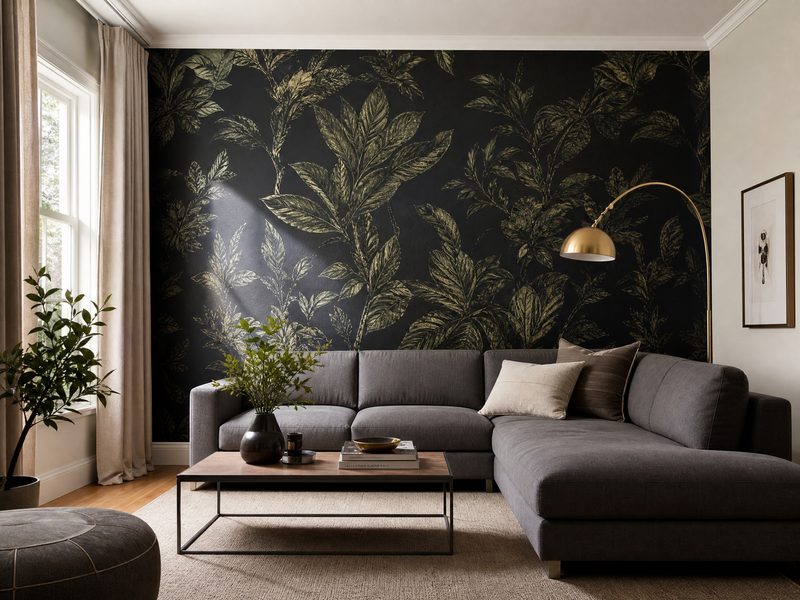 Living room with a bold patterned accent wall in deep charcoal with botanical motifs