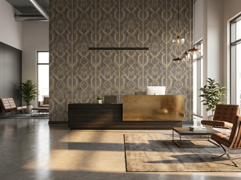 Modern office lobby with sophisticated geometric wallpaper feature wall
