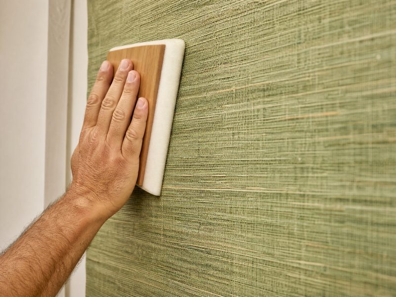 Close-up of luxury grasscloth textured wallpaper being smoothed by hand
