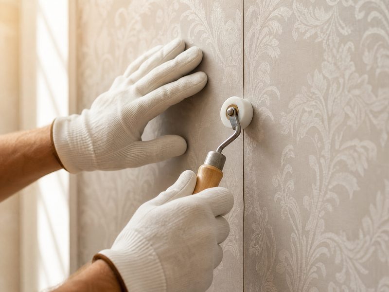 Professional hands using a seam roller to fix a wallpaper seam