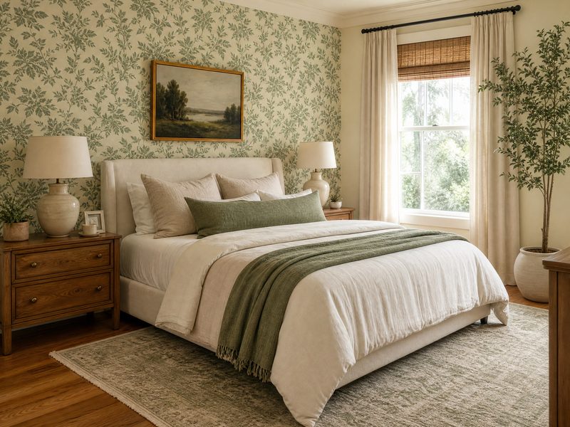 Cozy bedroom with freshly installed botanical wallpaper in soft sage and cream tones